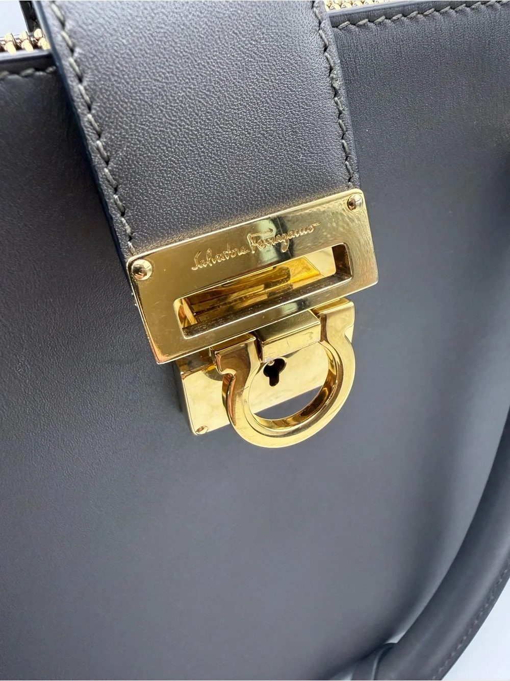 Salvatore Ferragamo Juliet Grey Leather Red Interior with Gold Hardware